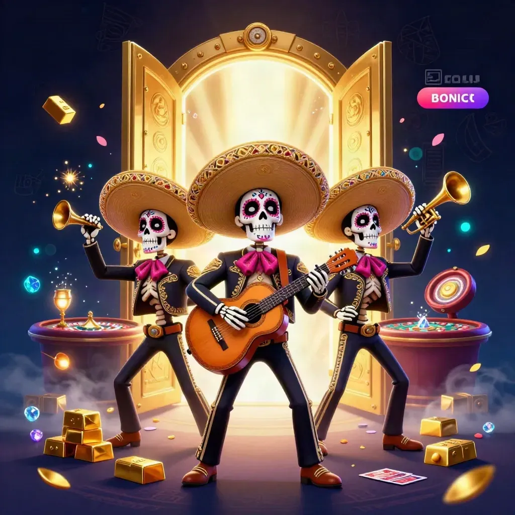 Day-of-the-Dead mariachi skeleton trio with vault, gold, roulette, and neon casino glow