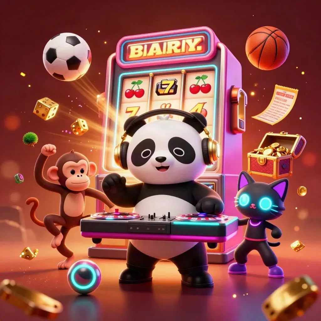 Cartoon panda DJ, monkey, and kitten amid casino bursts, balls, dice, gold, and haze.