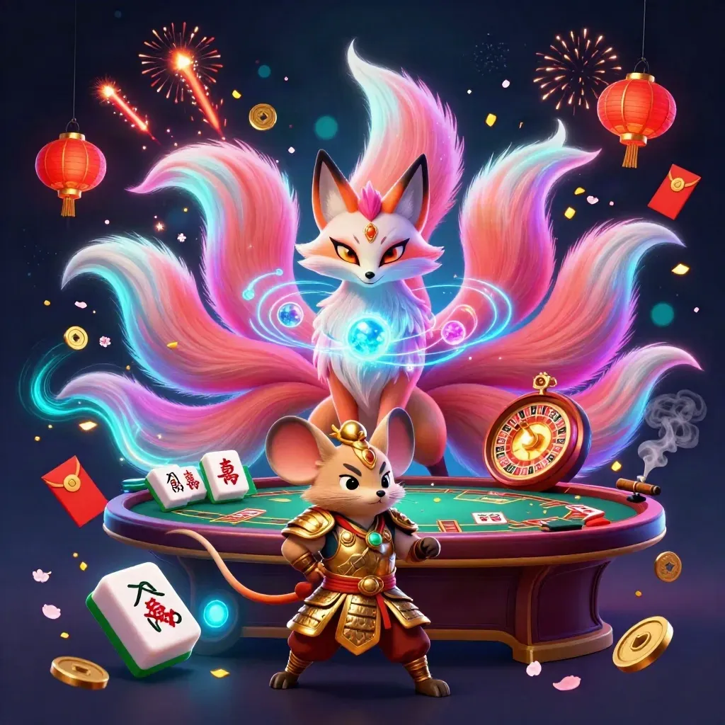 Neon fox spirit and samurai mouse amid casino magic, coins, lanterns, fireworks, and glowing tables.
