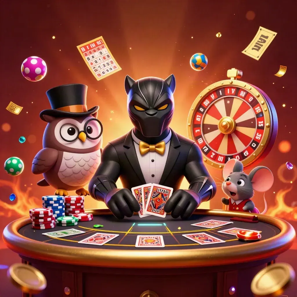 Panther, owl, and mouse at a neon casino table amid spinning prize props.
