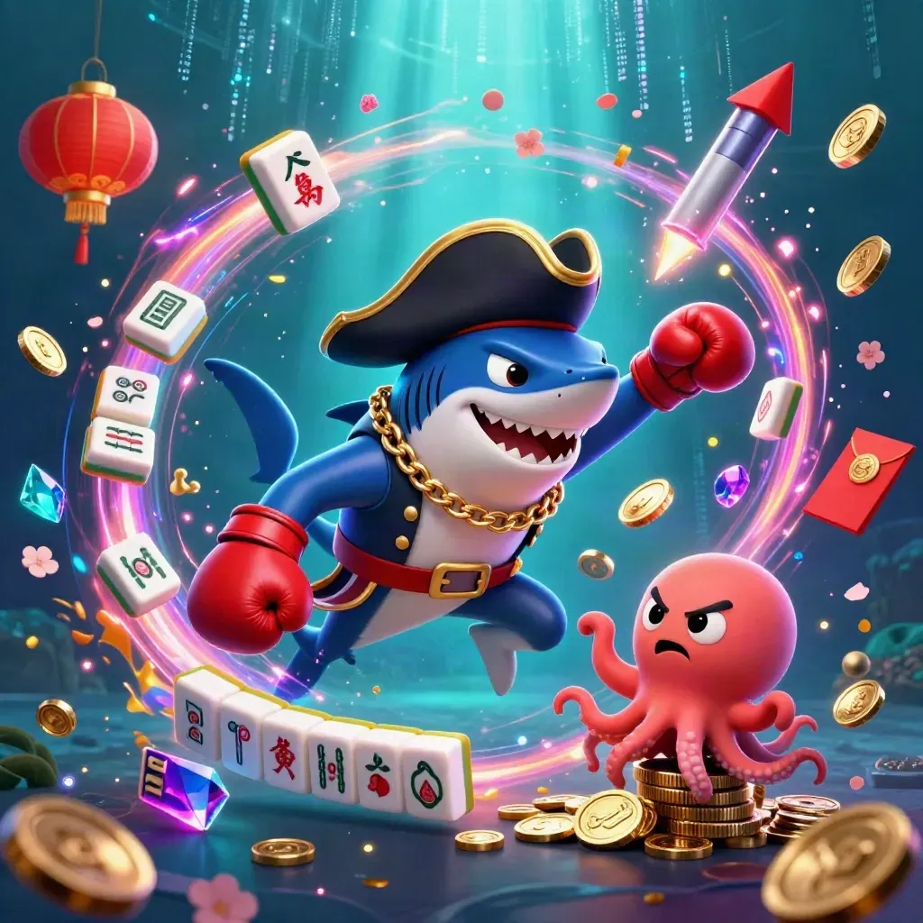 Pirate shark, boxing pufferfish, and juggling octopus amid neon casino treasures underwater.