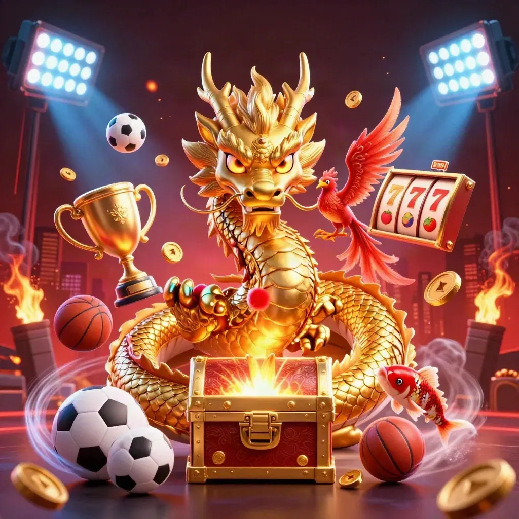 Golden dragon with phoenix and koi amid casino and sports energy on a dark neon background.